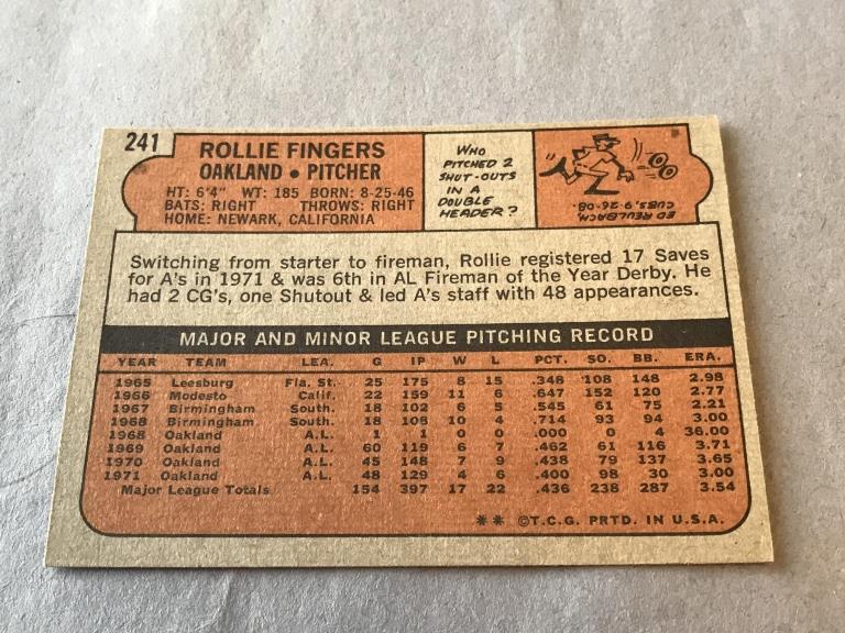 ROLLIE FINGERS A's 1972 Topps Baseball Card