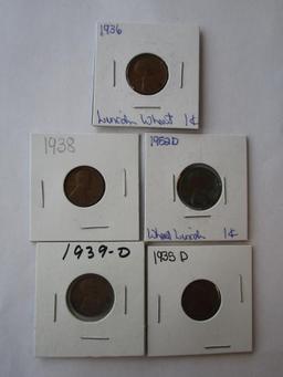 5 Wheat Pennies 1935D, 1936, 1938,1939D & 1952D