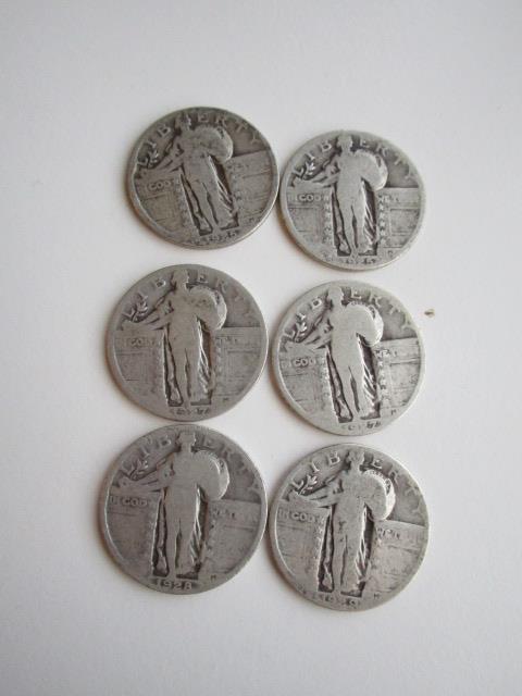 Lot of 6 Silver Standing Liberty Quarters 1925