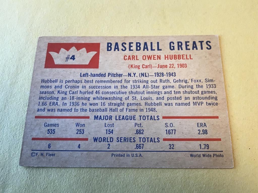 CARL HUBBELL 1960 Fleer Baseball Great Card