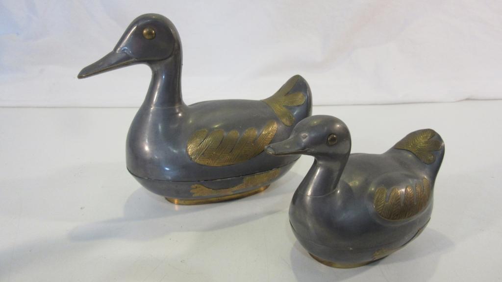 Vintage Pewter & Brass Ducks Large Trinket Dishes