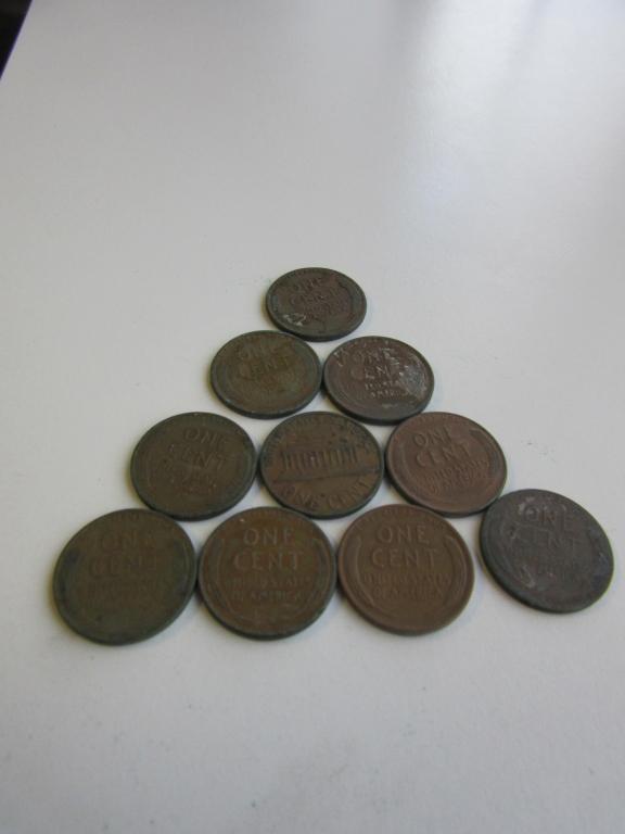 Lot of 10 Pennies 1945,1940,1920,1948,1953D,1956D