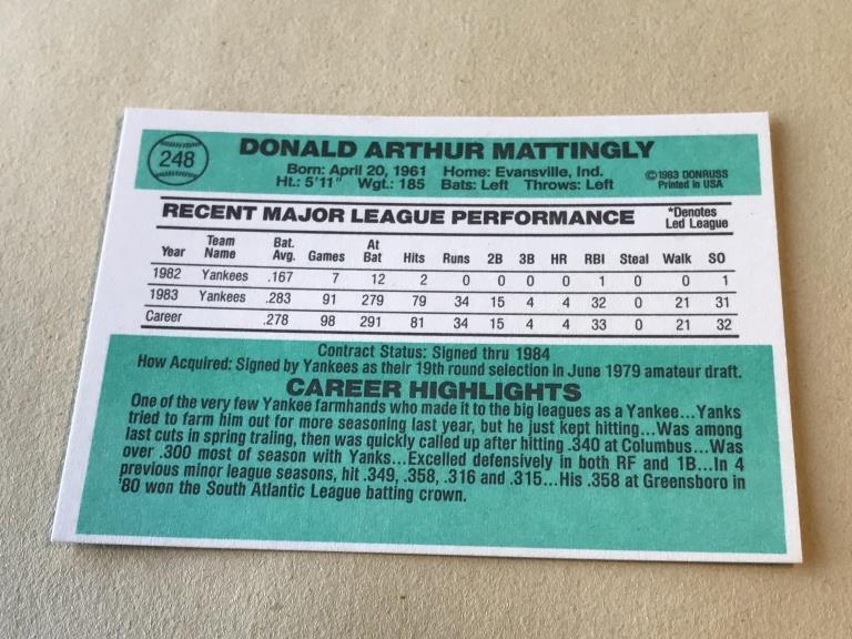 DON MATTINGLY Yankees 1984 Donruss ROOKIE Card HOF