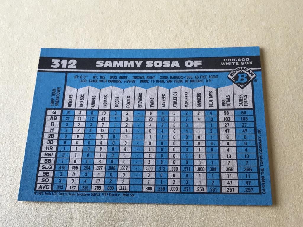 SAMMY SOSA 1990 Bowman Baseball ROOKIE Card