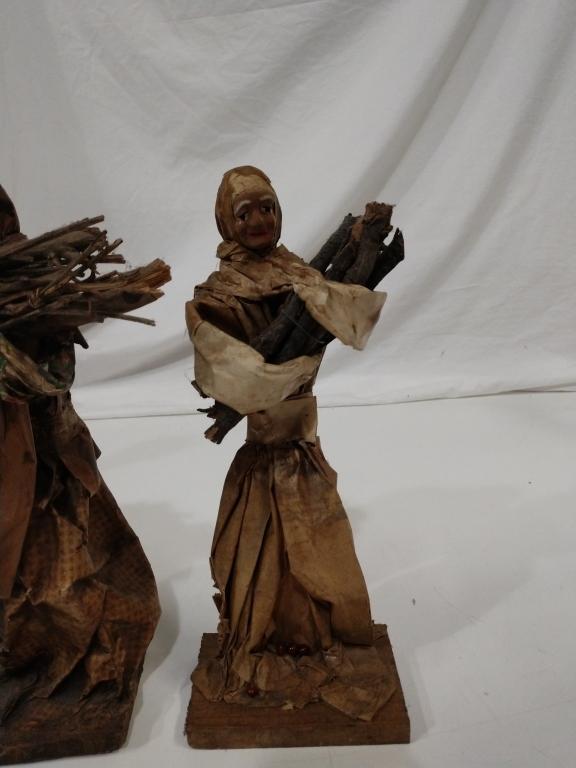 3 vintage paper mache figures bringing wood