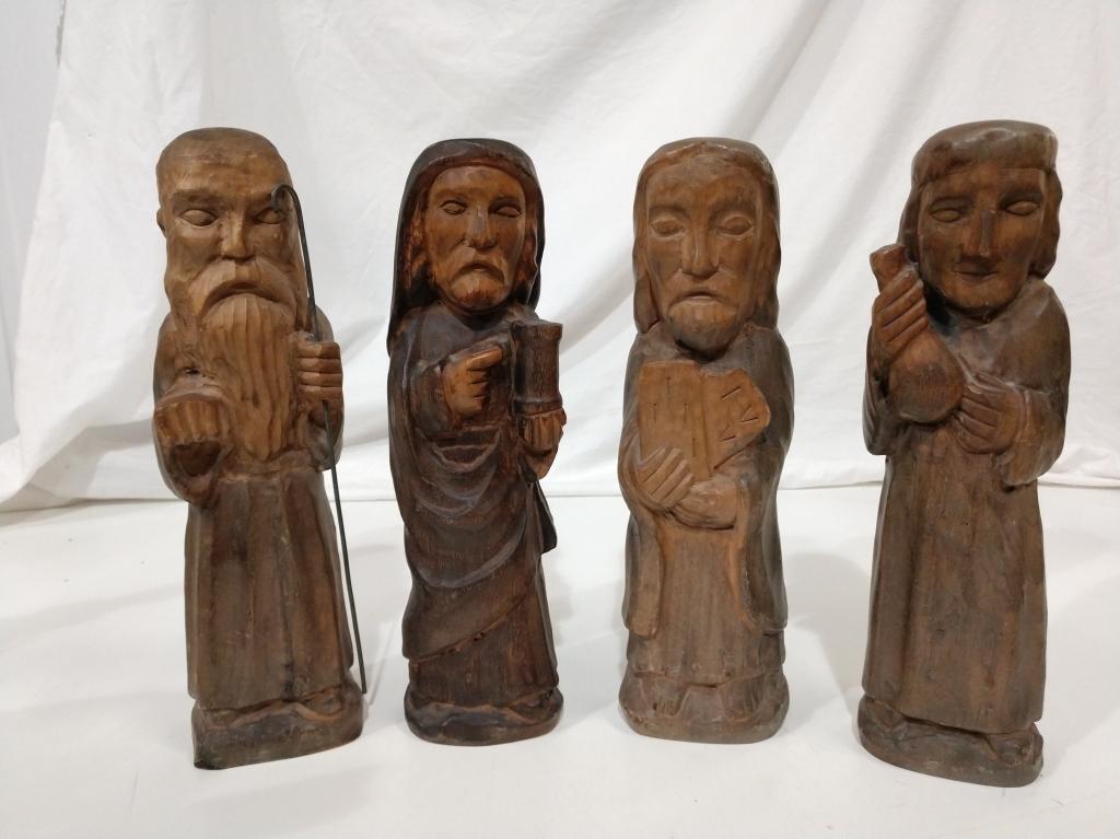 Set of 4 vintage folk art hand-carved wooden monks