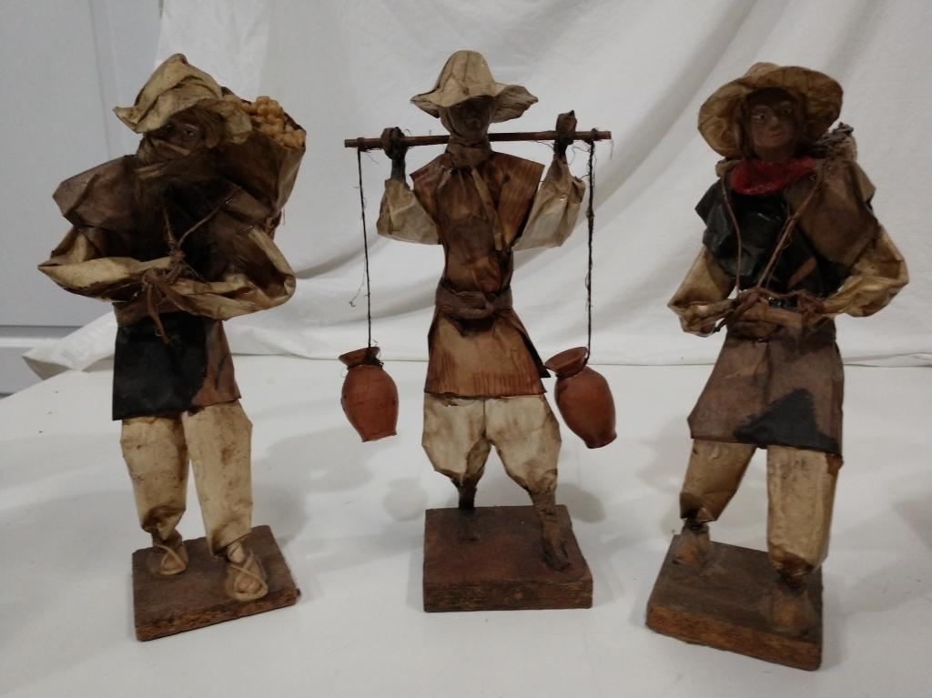 3 vintage paper mache figures bringing water/food