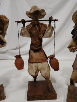 3 vintage paper mache figures bringing water/food