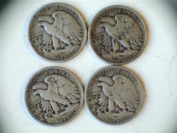 Lot of 4 .90 Silver Walking Liberty Half Dollars