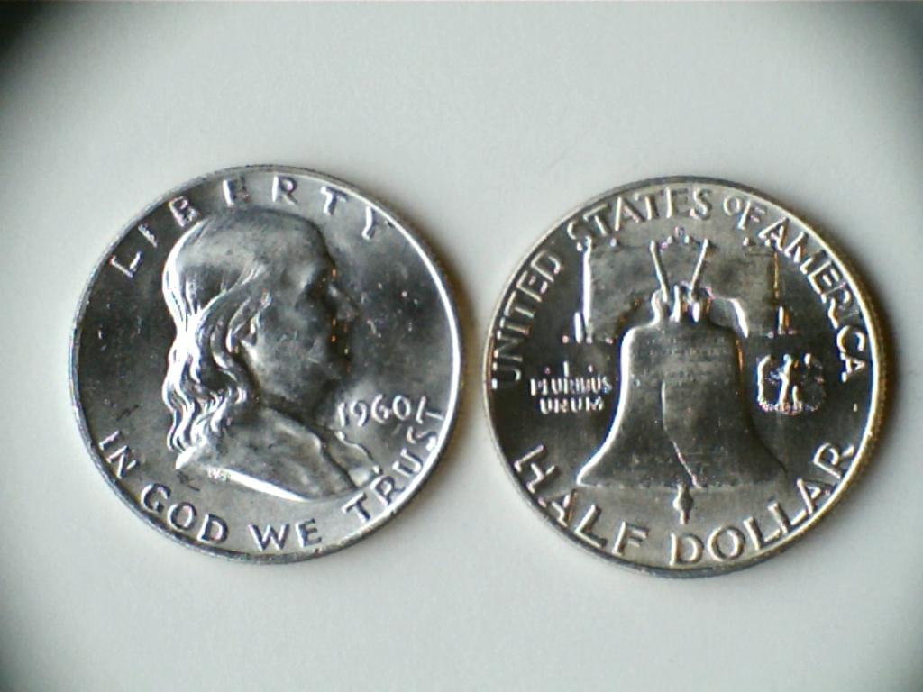 Two 1960-D .90 Silver Franklin Half Dollars