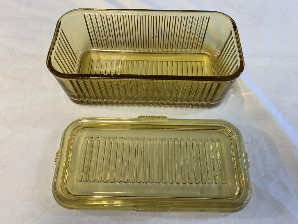 Vintage Amber Yellow Covered Ribbed Dish Loaf Pan