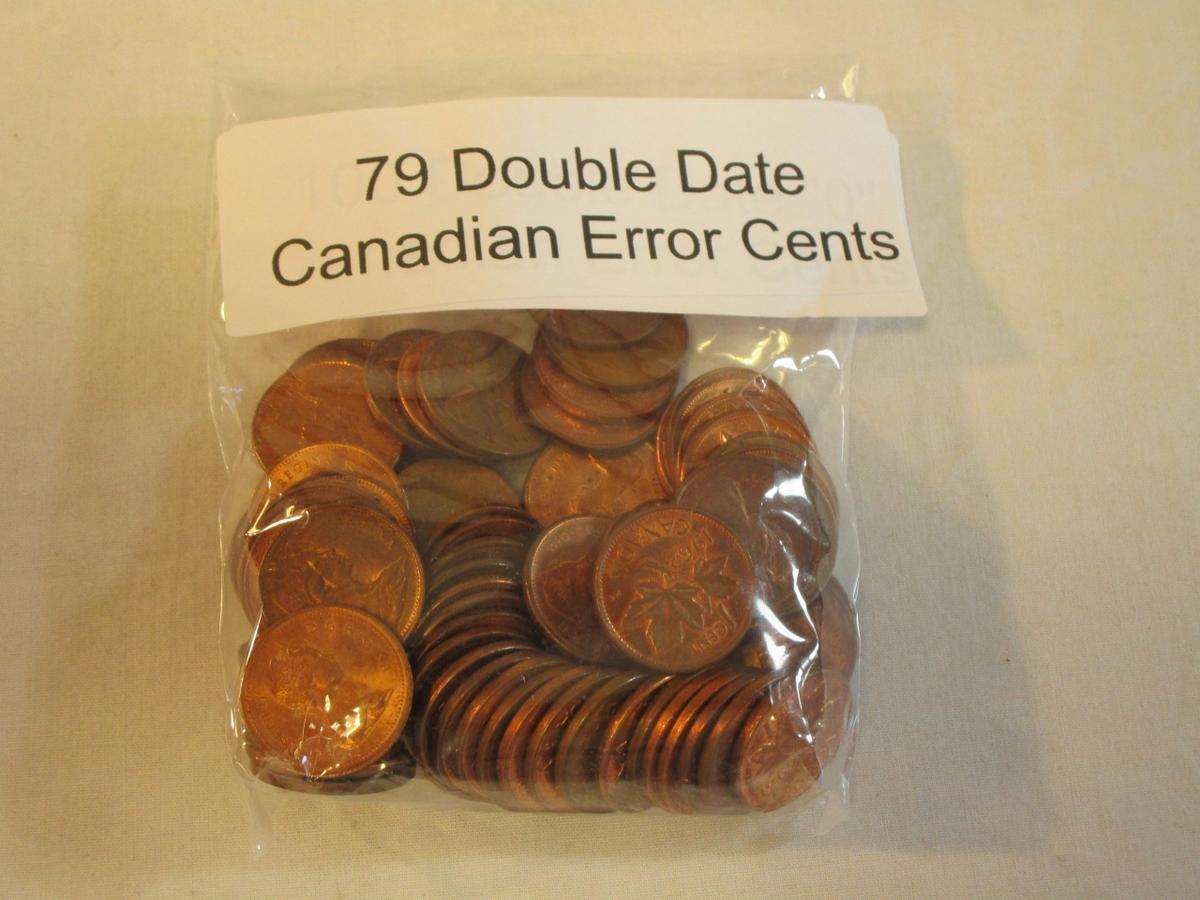 Lot of 79 Double Date Canadian Error 1 Cent Coins