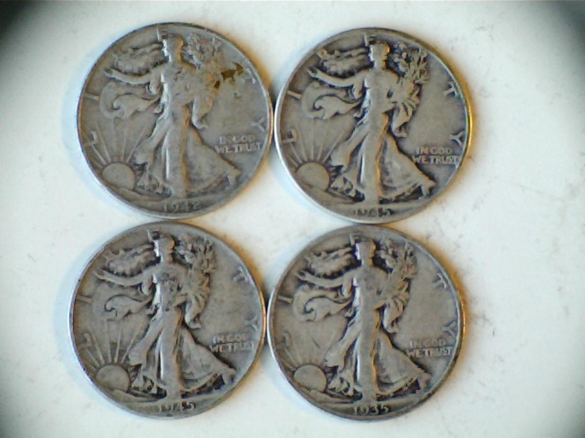 Lot of 4 .90 Silver Walking Liberty Half Dollars