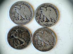 Lot of 4 .90 Silver Walking Liberty Half Dollars