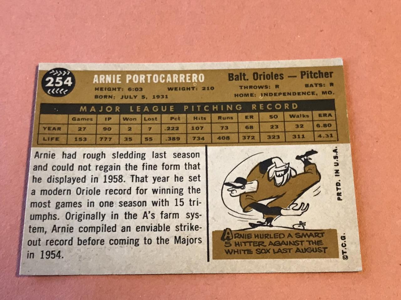 ARNIE PORTOCARRERO Orioles 1960 Topps Baseball 254