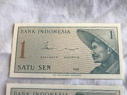 Lot of 3 1964 Bank Indonesia One (1) Satu Sen Note