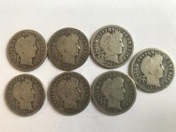 Lot of 7 .90 Silver Barber Dimes