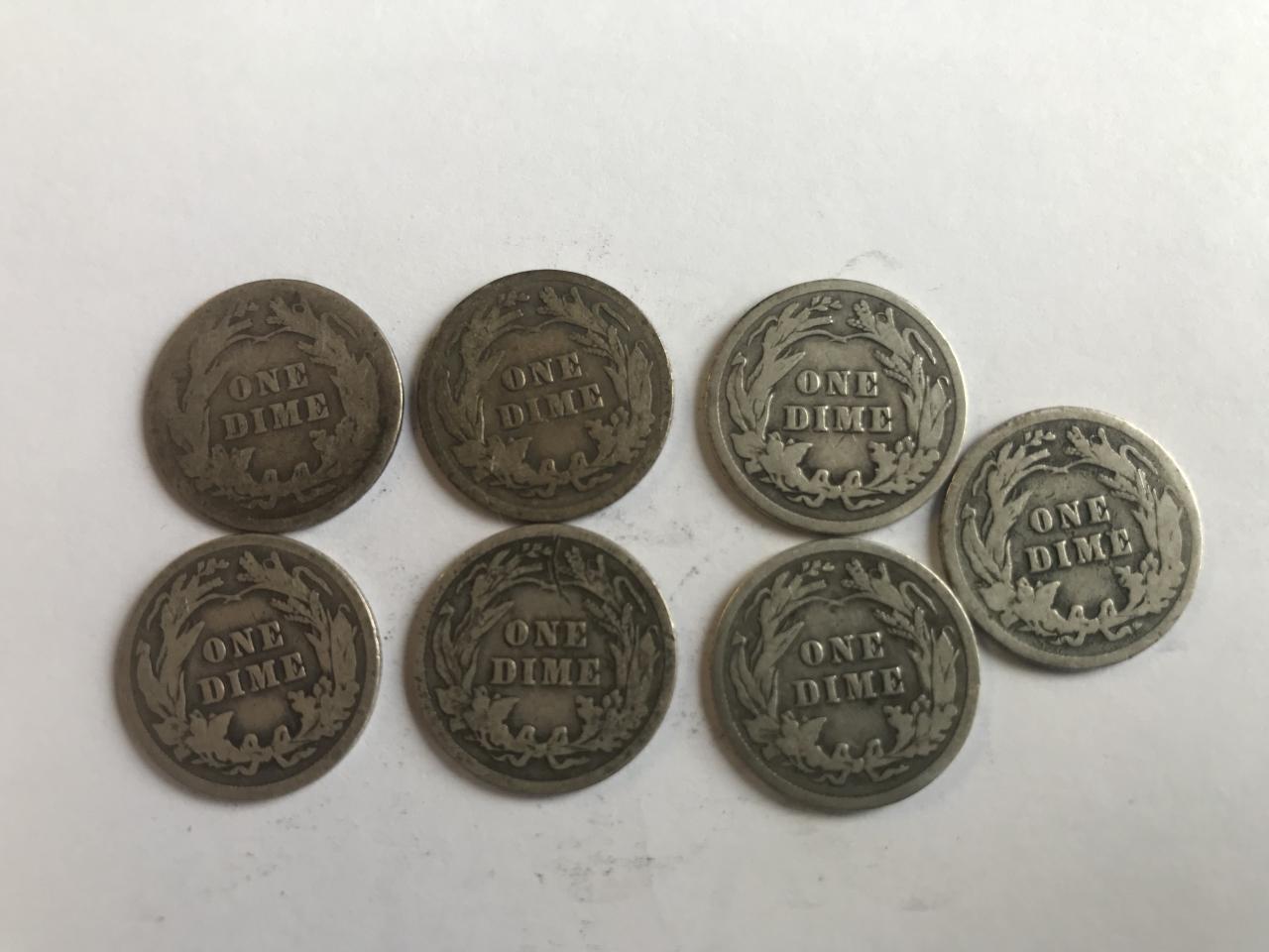 Lot of 7 .90 Silver Barber Dimes