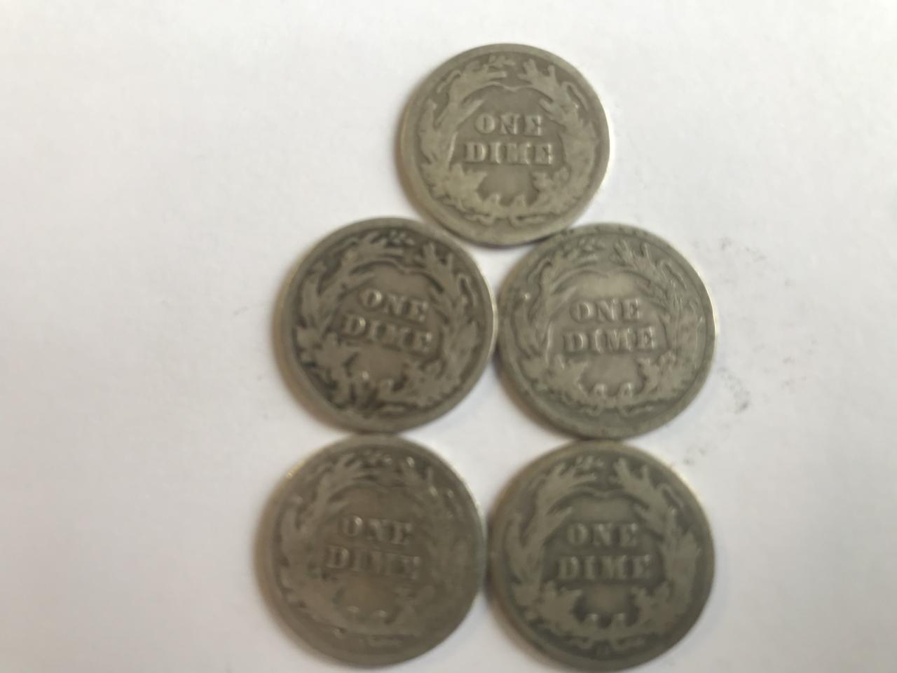Lot of 5 .90 Silver Barber Dimes