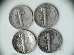 Lot of 4 1944-P/S .90 Silver Mercury Dimes