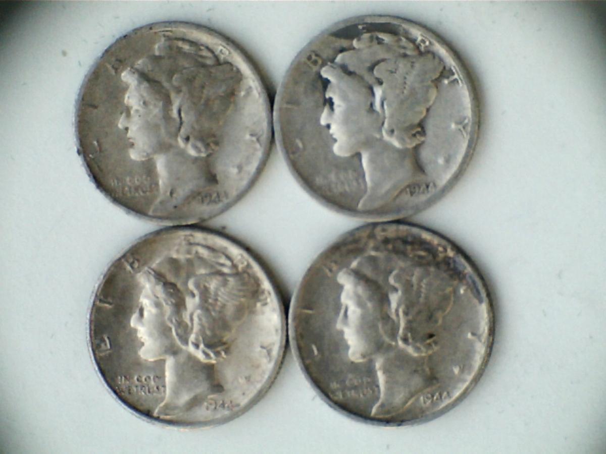 Lot of 4 1944-S .90 Silver Mercury Dimes