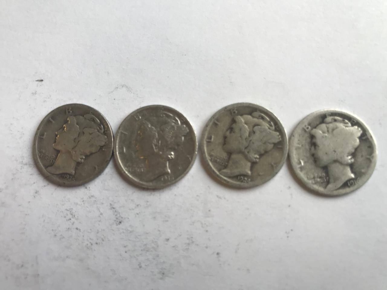 Lot of 4 .90 Silver Mercury Dimes