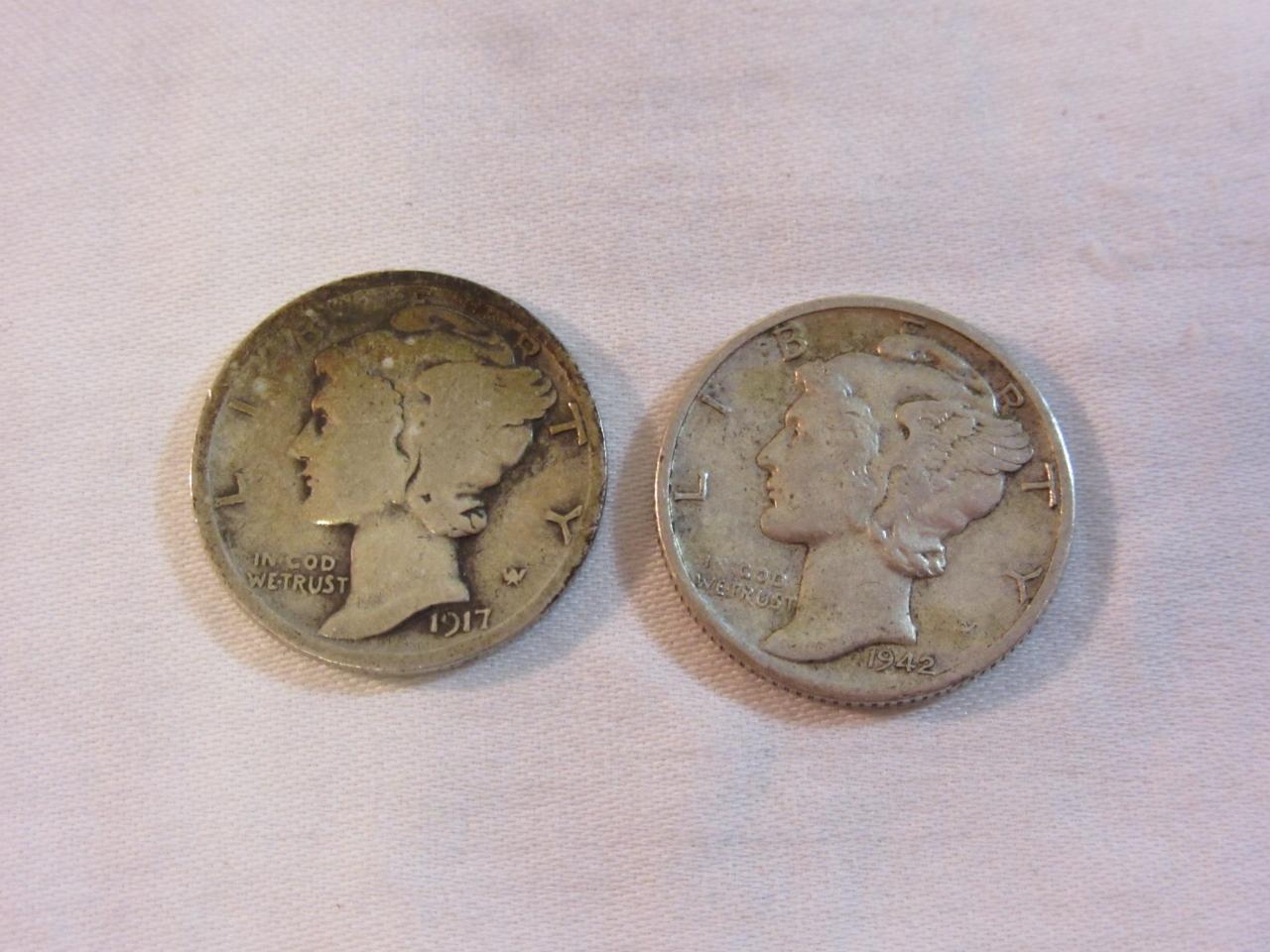 Lot of 2 Silver Mercury Dimes (1-1917 & 1-1942-D)