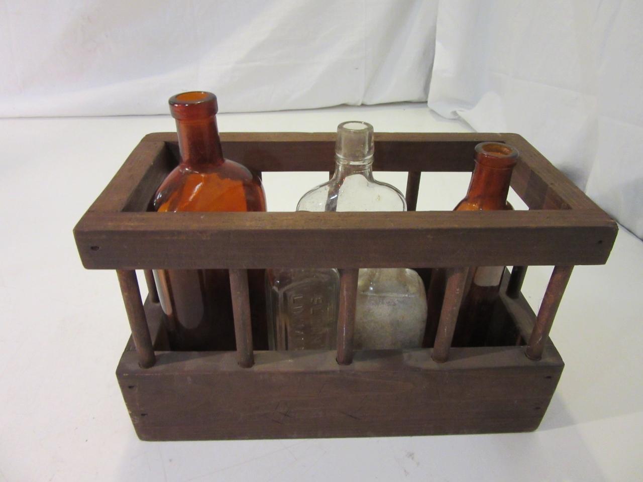 Lot of 5 Small Glass Bottles In Wood Decor Box