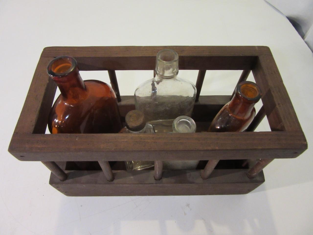 Lot of 5 Small Glass Bottles In Wood Decor Box