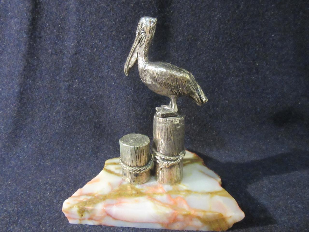 Pewter Pelican Figurine On Marble