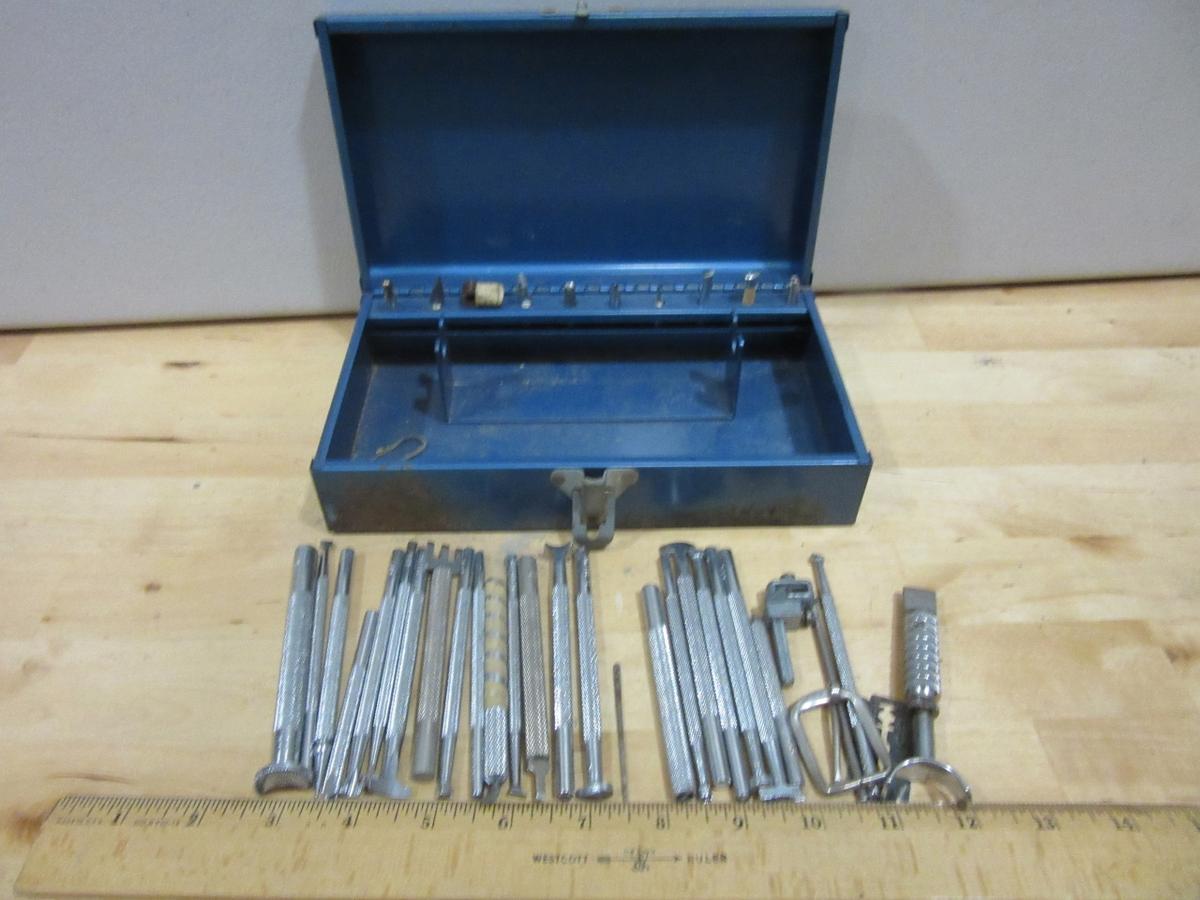 Lot of Leatherworking Tools in Blue Case