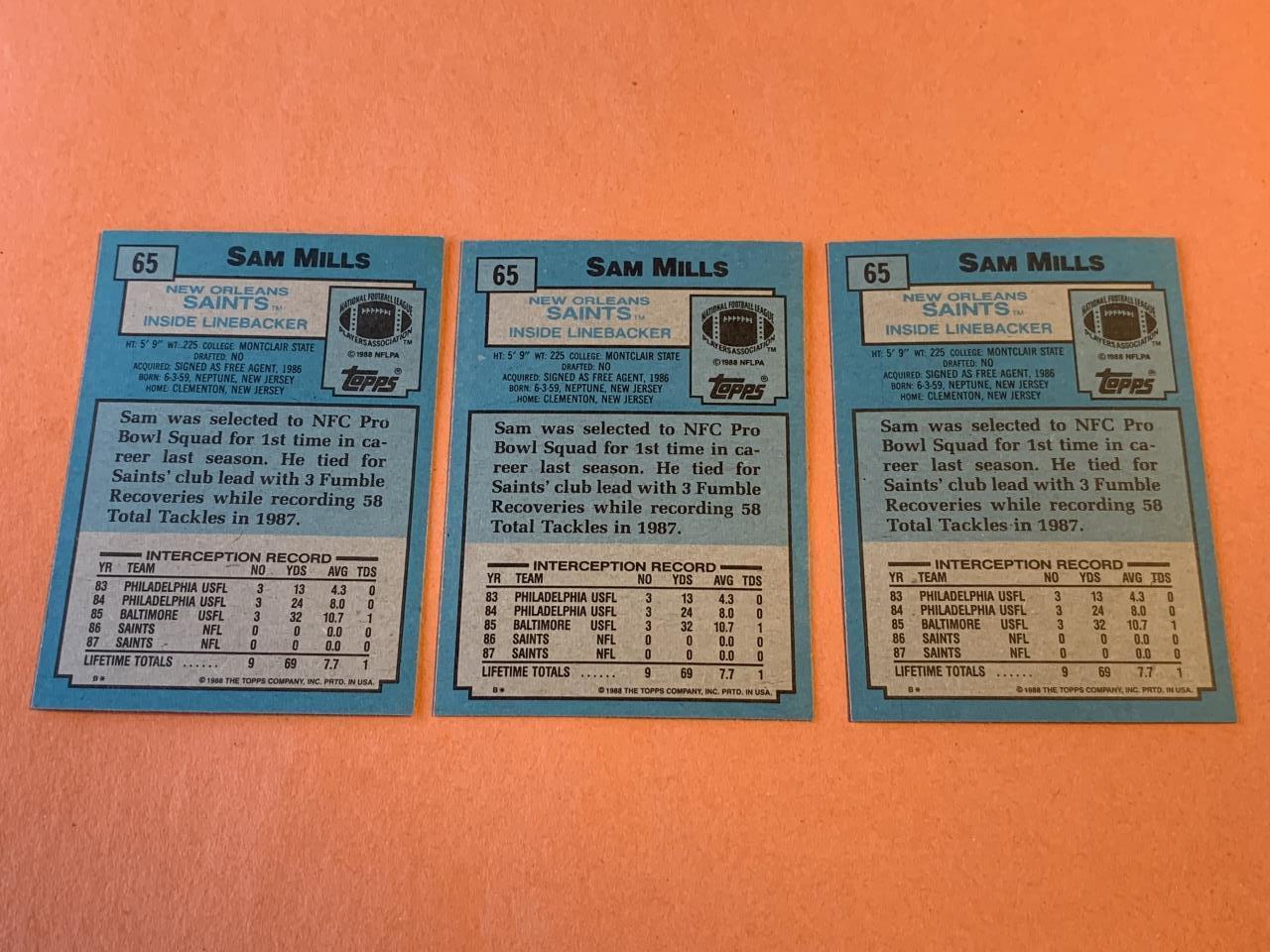 (3) SAM MILLS Saints 1988 Topps Football ROOKIES