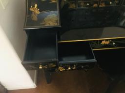 Oriental Black Lacquer Desk and Chair