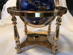 Blue Lapis Inlaid Faux Gemstone Globe Brass Stand