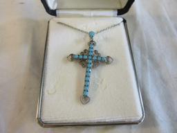 Silver-Tone Cross Necklace w/ Blue Stones