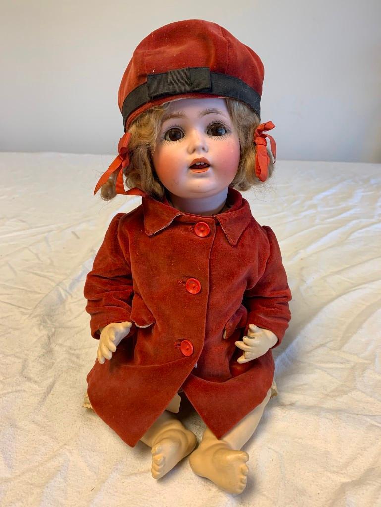 Antique German Revalo Bisque 16" Doll with composition and Red Velvet Dress