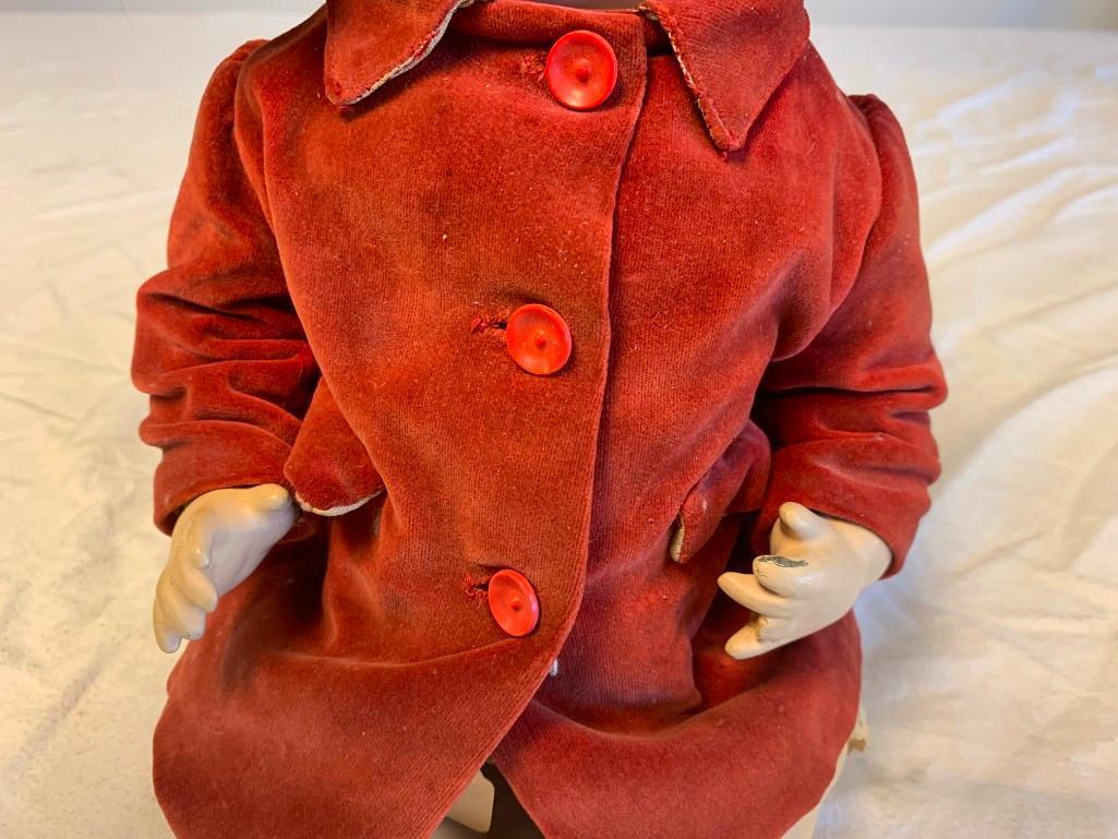 Antique German Revalo Bisque 16" Doll with composition and Red Velvet Dress