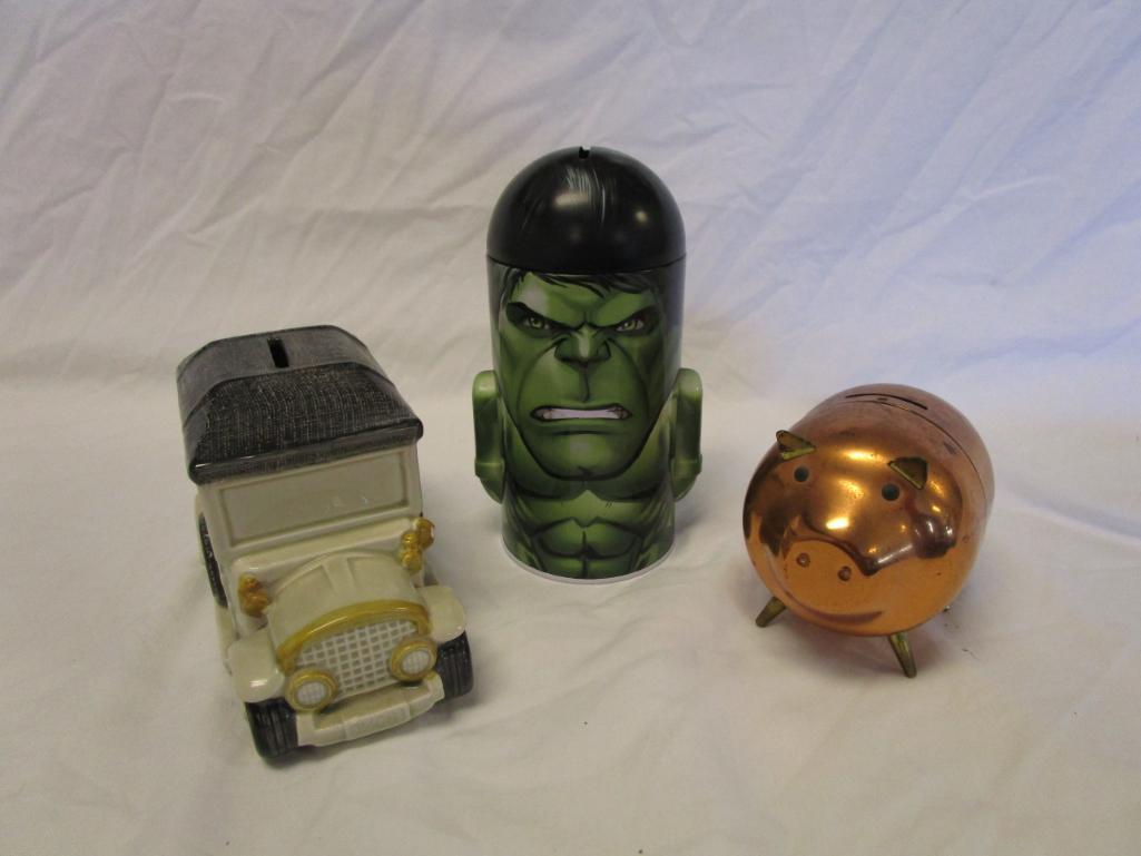 Lot of 3 unique coin banks: piggy, car, and the Hulk