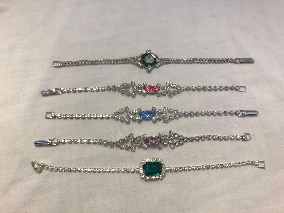 Lot of 5 Silver-Tone Bracelets w/ Colored Center Stones