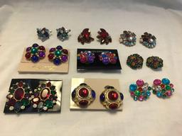 Lot of 9 Multi-Colored Rhinestone Clip-On Earrings