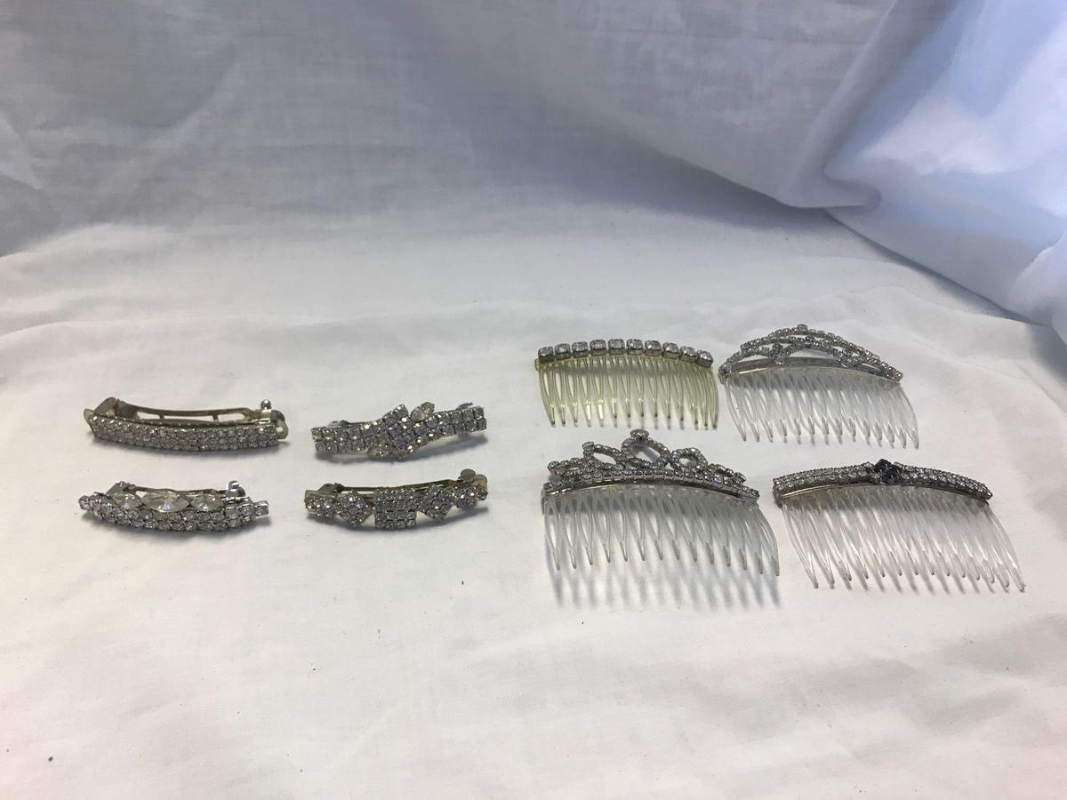 Lot of 8 Silver-Tone Rhinestone Hair Clips and Hair Combs