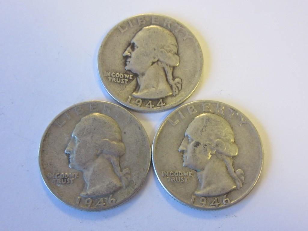 Lot of 3 .90 Silver Washington Quarters (1944,1946,1946)