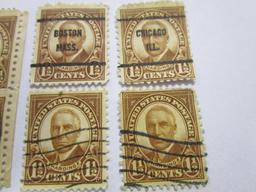 Eight historical 1 1/2 cent Harding canceled postage stamps