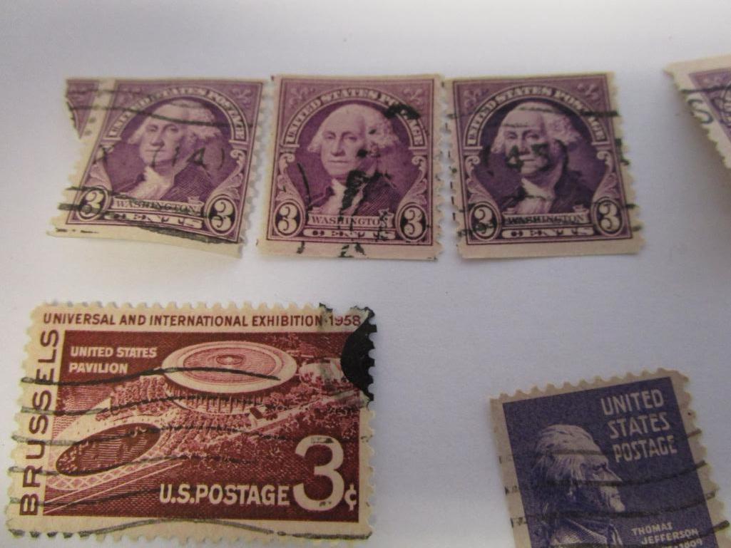 Historical lot of 38 various canceled 3 cent postage stamps