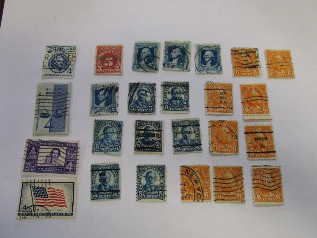 Historical lot of 25 various canceled postage stamps. 4, 5, and 6 cents