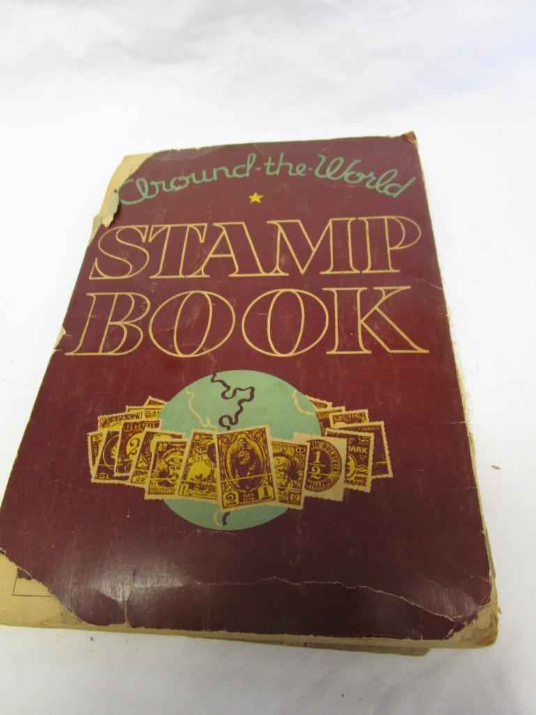 Vintage Around-The-World stamp book with over 500 vintage stamps