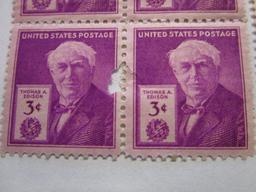 Two blocks of historical unused 1947 US Postage 3 cent Thomas A. Edison stamps