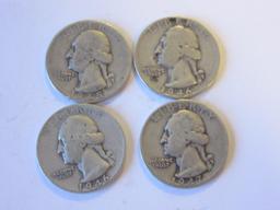 Lot of 4 .90 Silver Washington Quarters (1945,1946,1946,1947)