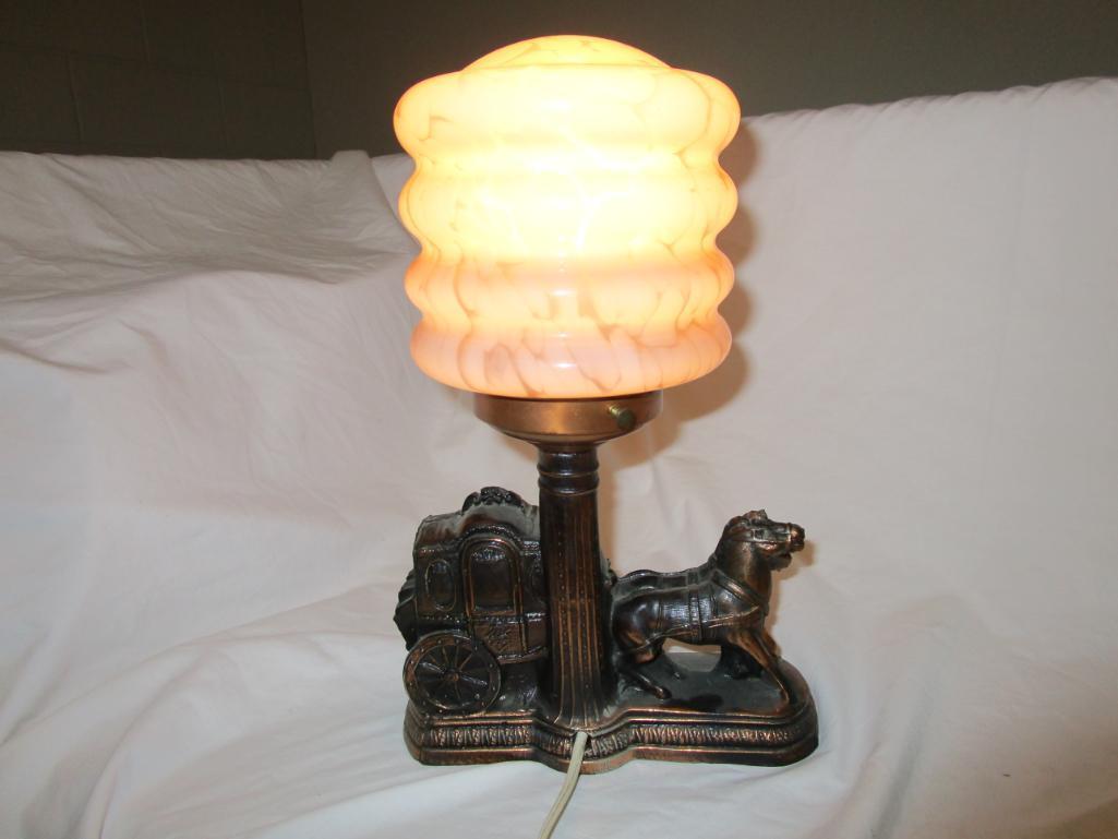 Vintage bronze-painted resin horse carriage lamp pink glass shade