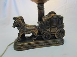 Vintage bronze-painted resin horse carriage lamp pink glass shade